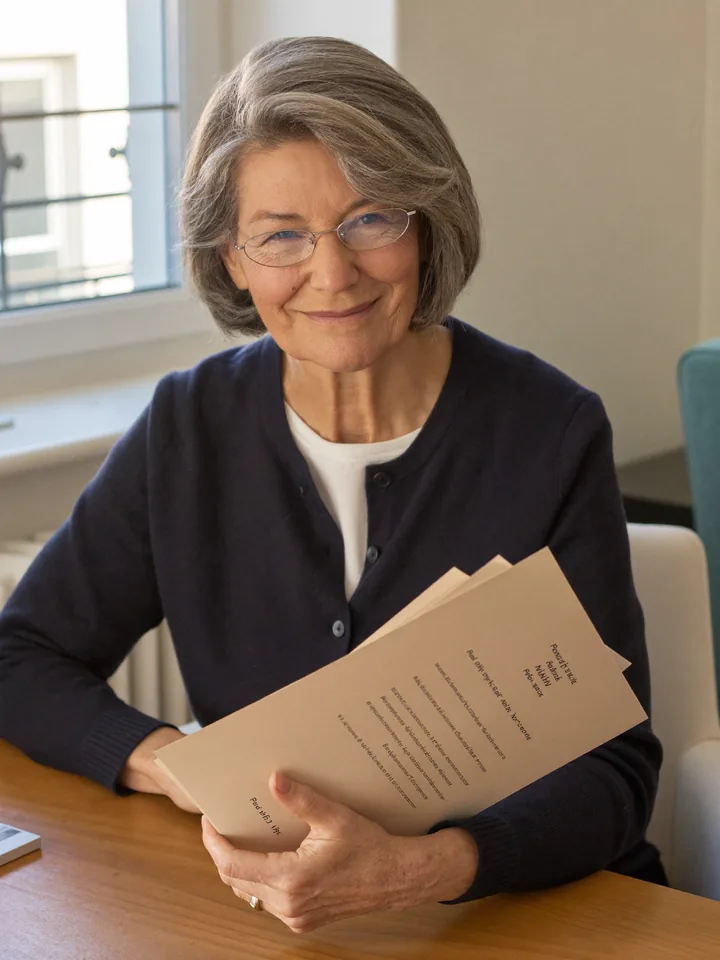 Hélène, présentatrice de L'Argent de la Retraite, à son bureau avec un dossier